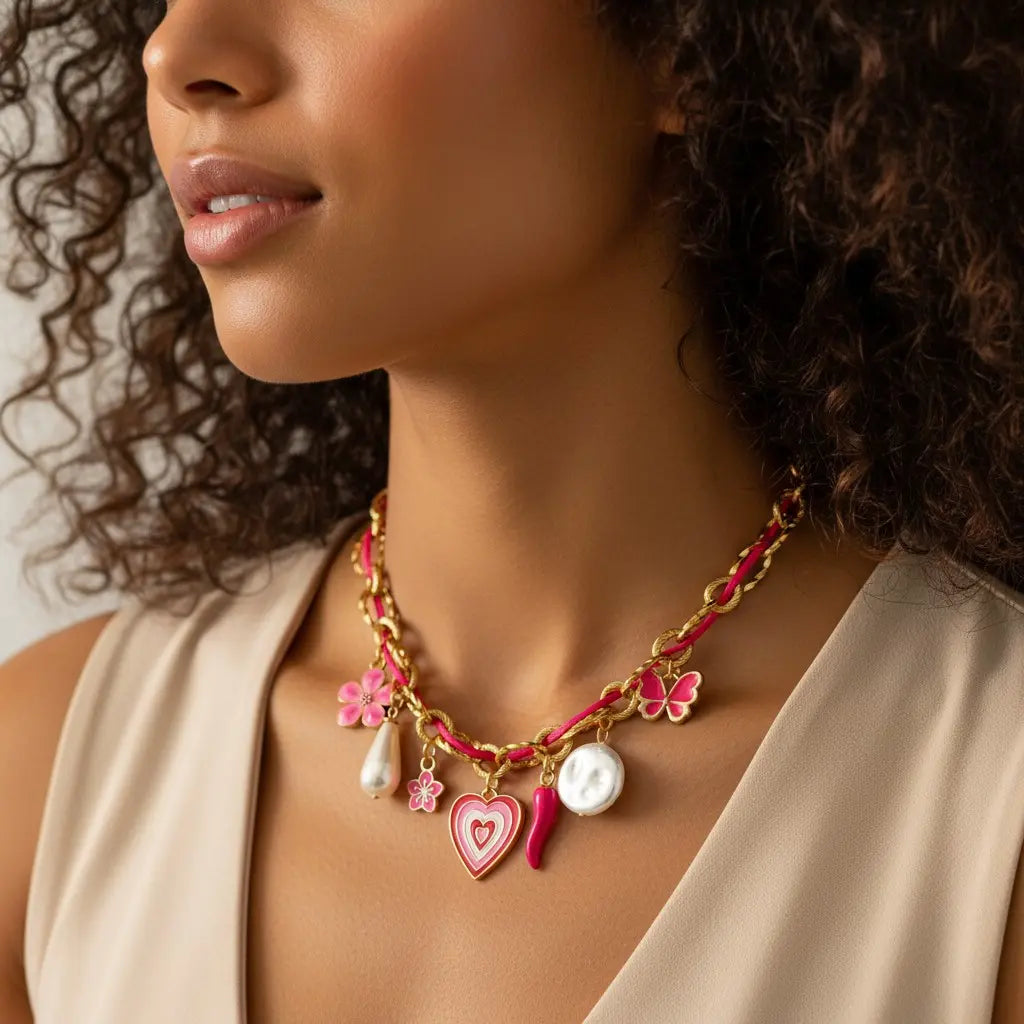 Lena – Collier doré à charms roses